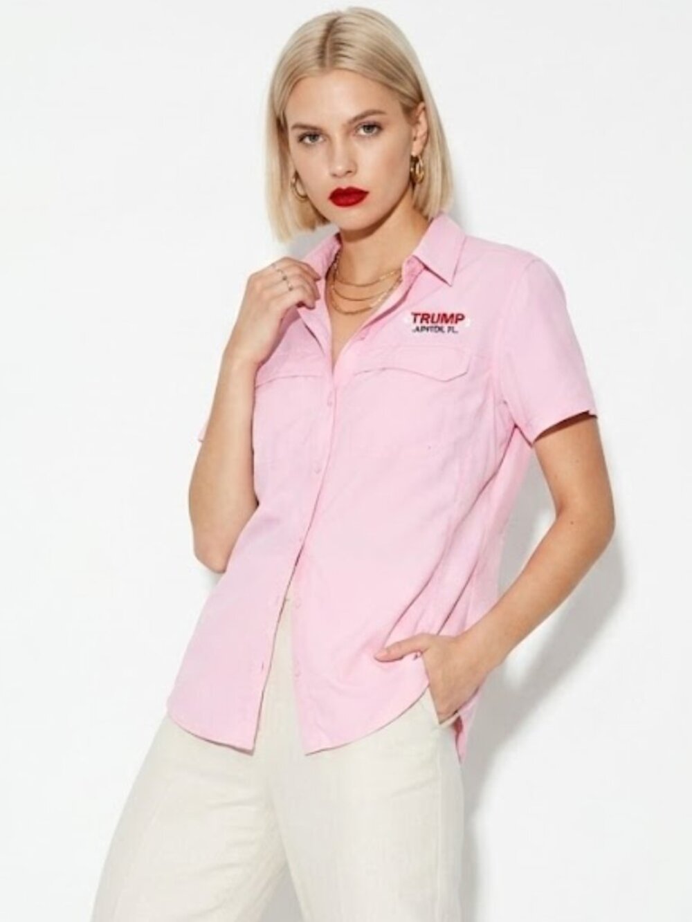 Trump Women’s Pink Button‑Down Shirt Size Large Embroidered Jupiter FL Resortwea